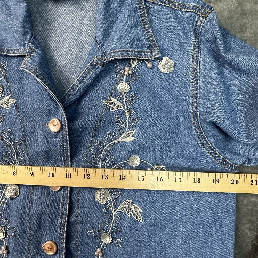 VTG Monique Fashions Denim Dress Jacket Set Size 8 Light Blue‎ Embroidered USA